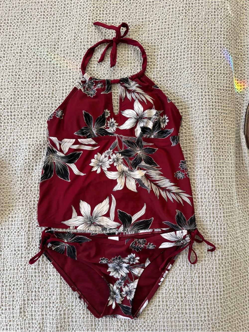 Kona Sol Burgundy Floral Halter Tankini Set